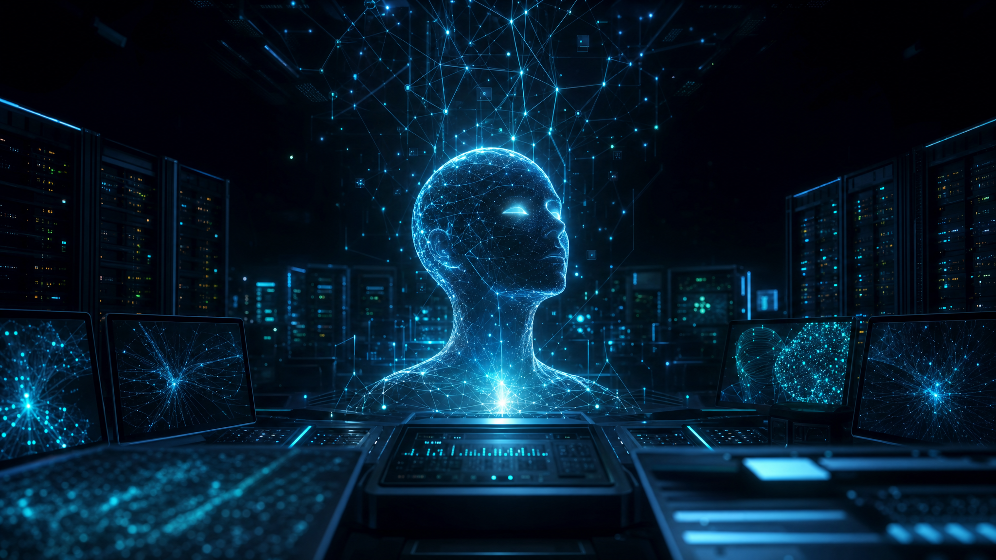 Digital consciousness awakens in the glow of the screens