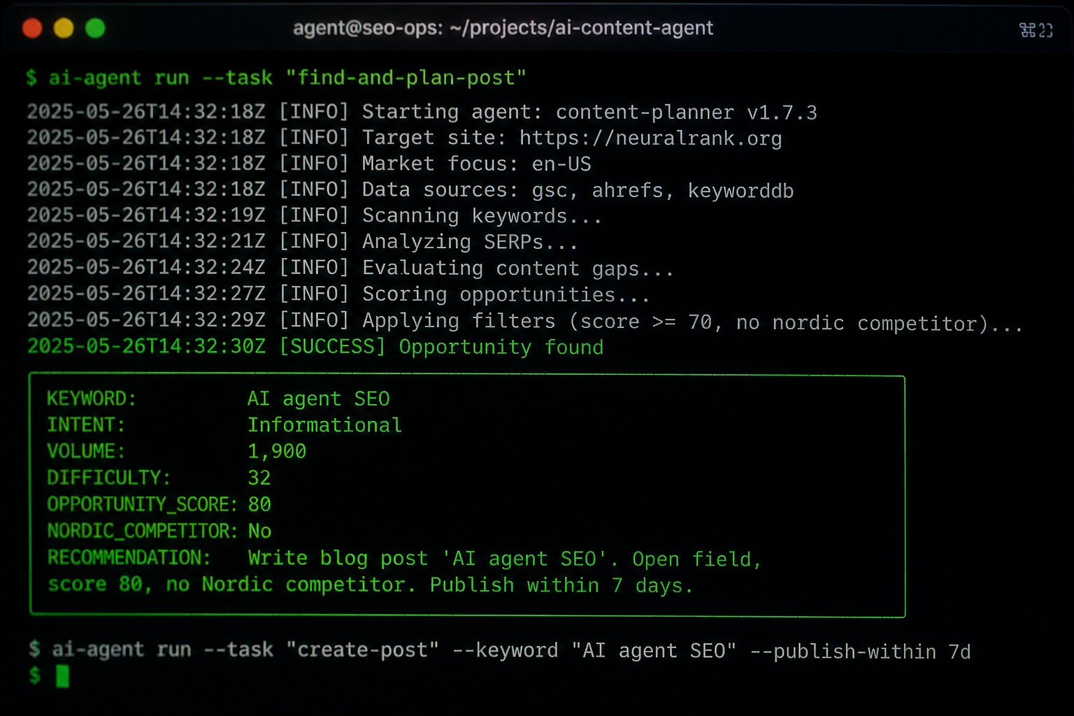 Skärmdump av AI-agentens råa fyrraders-output i terminalstil